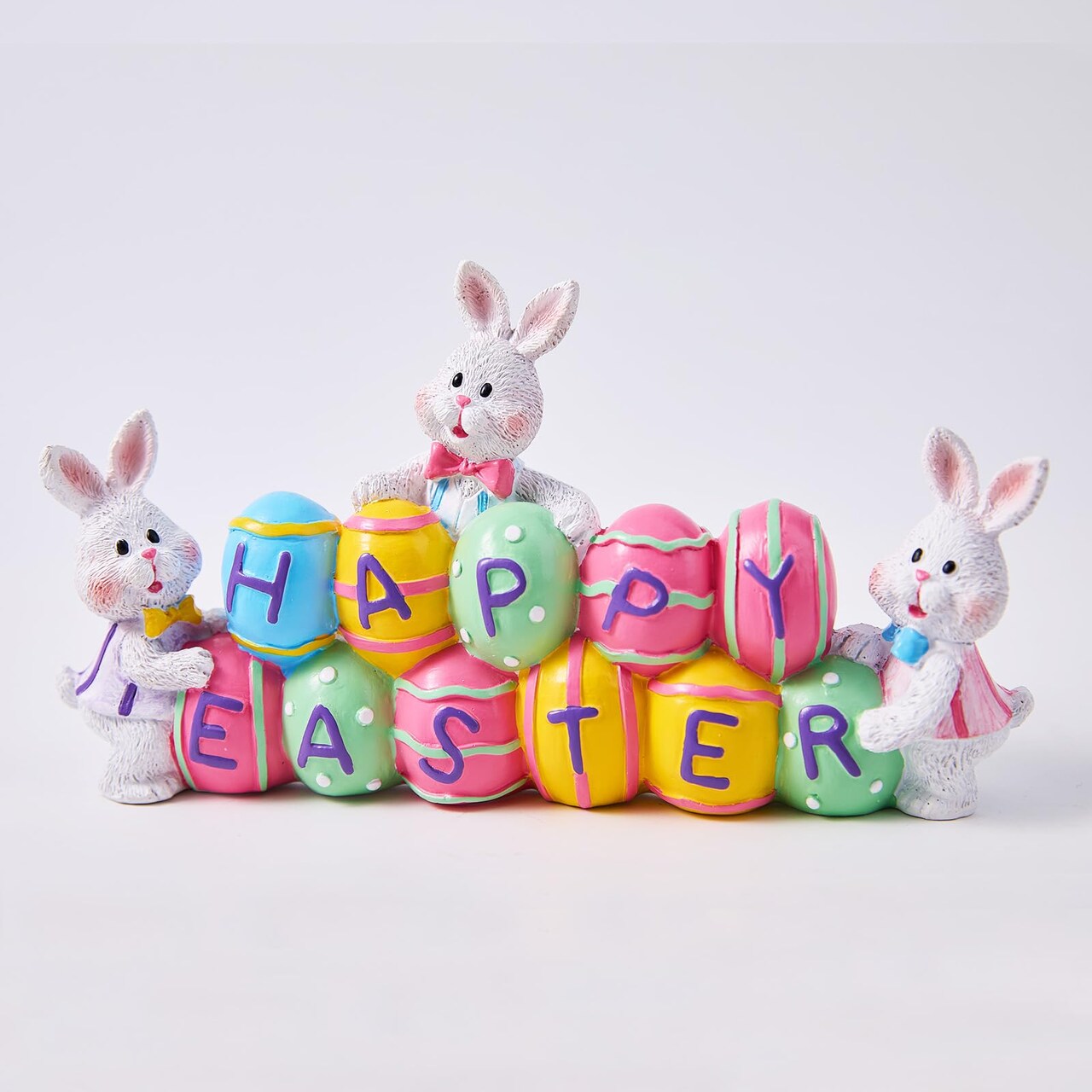 3 Bunny Holding Eggs and Happy Easter Decorations, Resin Easter Bunny Rabbits Figurine Tabletop Centerpiece for Spring Decor Easter Home Office Party Decor